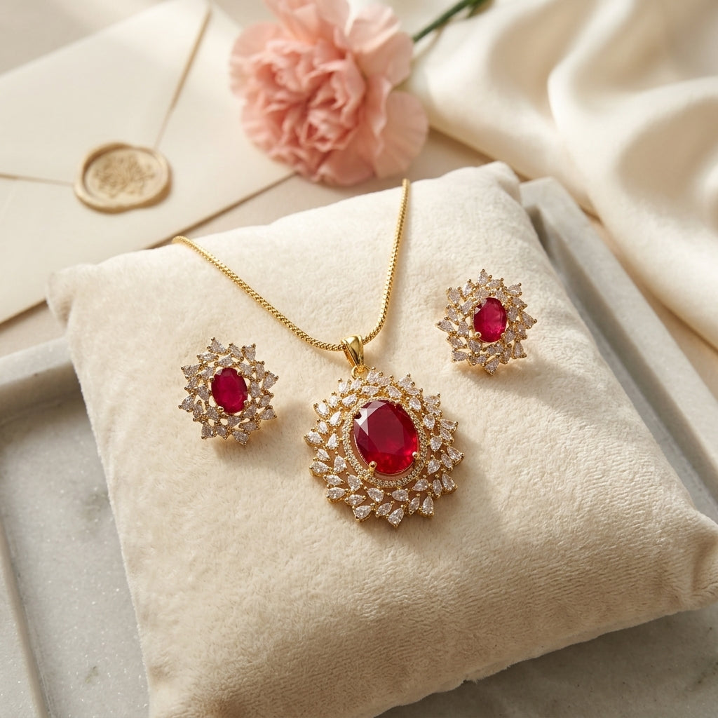 red ruby pendant set GLITZORA