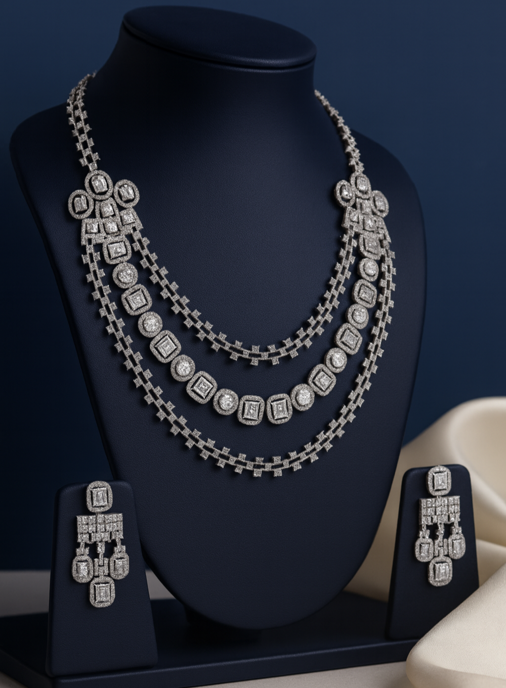 Jewelry set with a necklace and earrings on a dark blue stand.