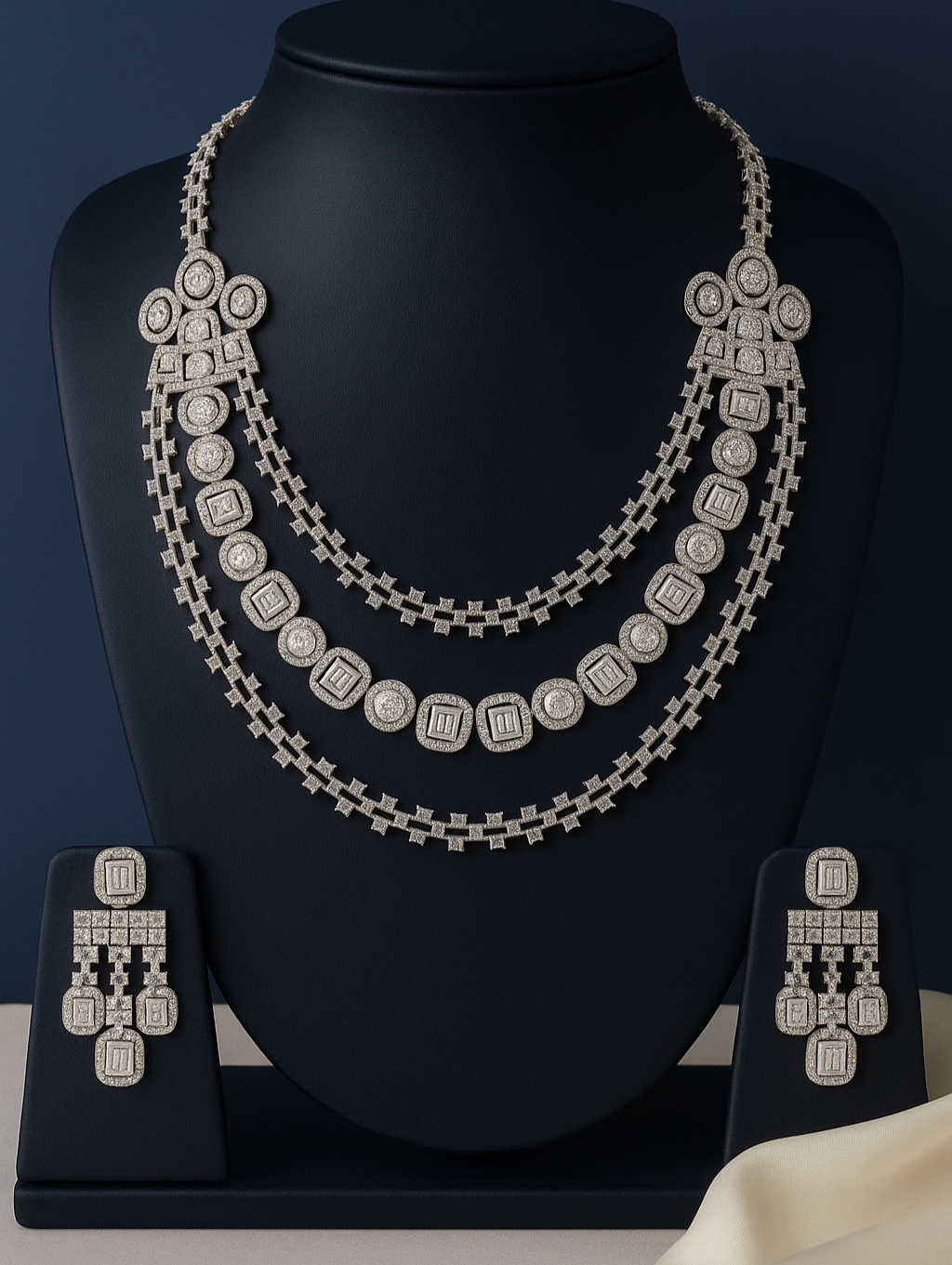 Silver necklace and earrings set on a black stand with a dark blue background