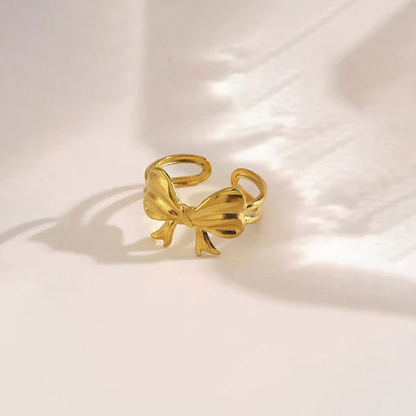 Gold-Plated Anti Tarnish Stainless Steel Bow Themed Adjustable Ring
