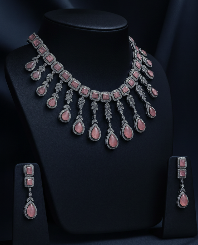 Jewelry set with necklace and earrings on a black background