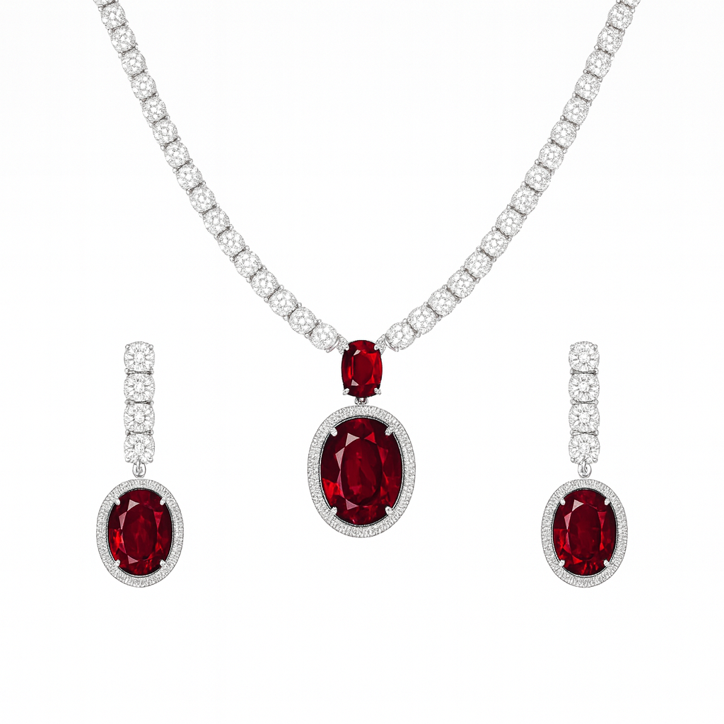 Jewelry set with red gemstones and diamond accents on a white background