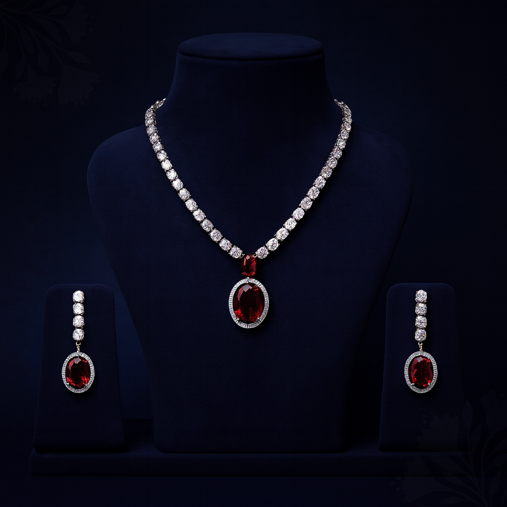 Jewelry set with necklace and earrings featuring red gemstones and clear stones on a dark background