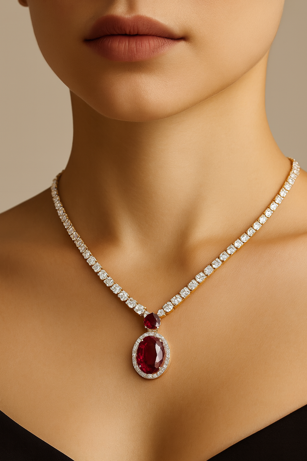 Close-up of a woman wearing a diamond and ruby necklace against a neutral background