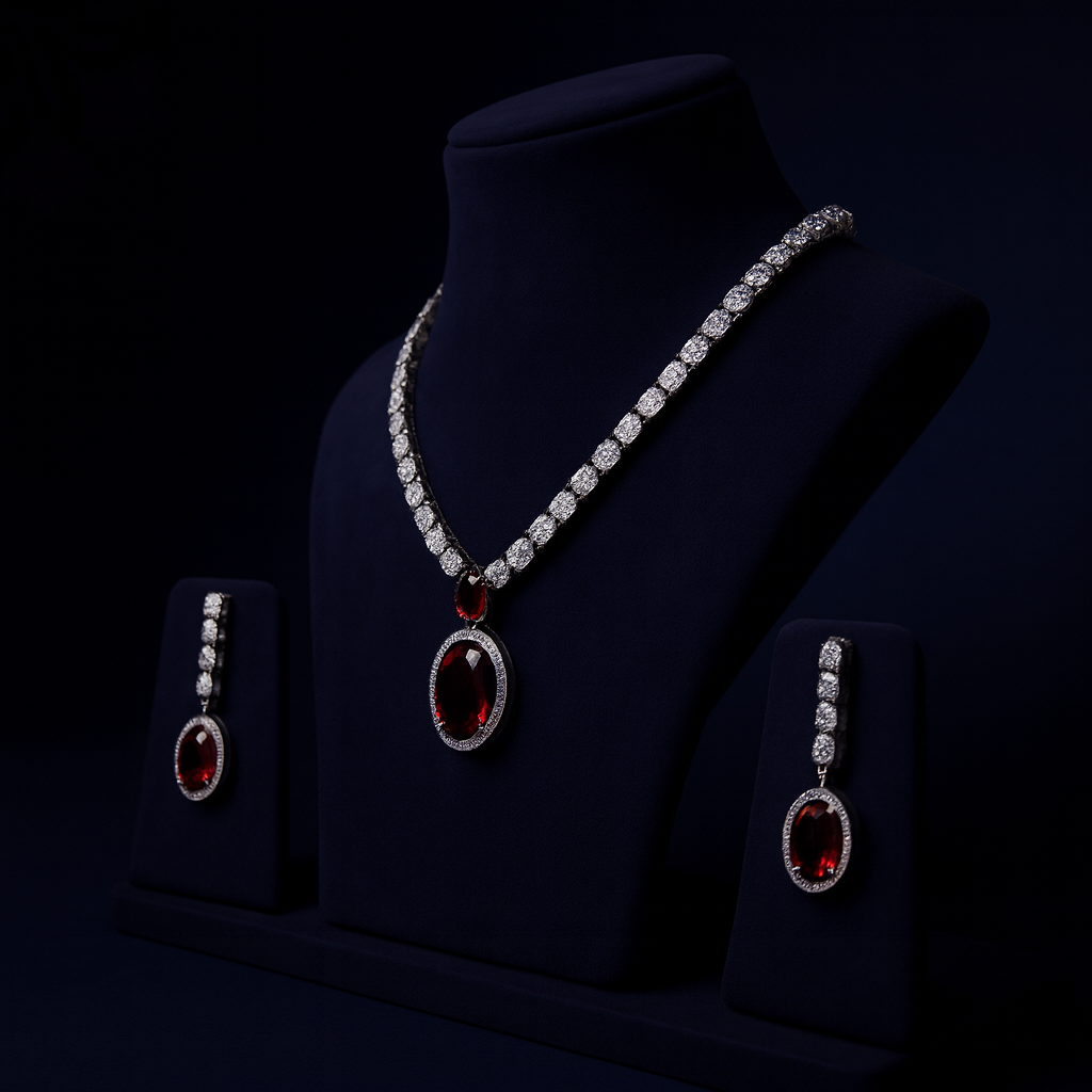 Jewelry set with necklace and earrings on a black background