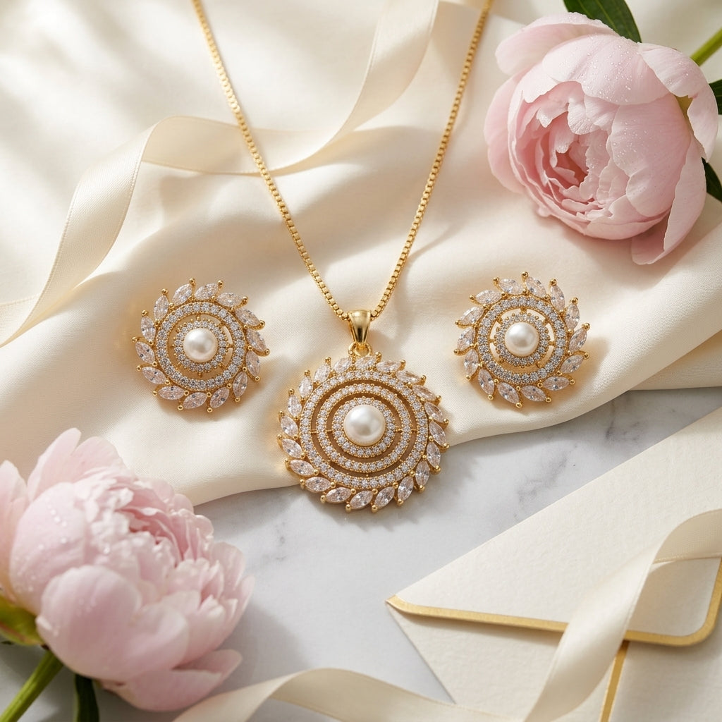 White pearl pendant set GLITZORA